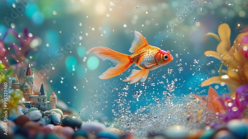 A goldfish leaps from an aquarium, creating a splash, amidst vibrant plants and bubbles' shimmer. photo