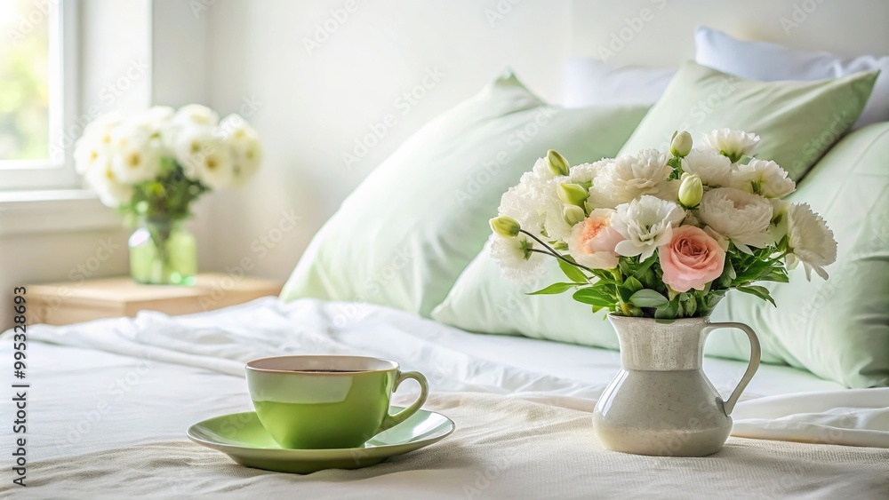 Cozy bedroom with green tea cup and flowers on bed Cozy bedroom with green tea cup and flowers on bed