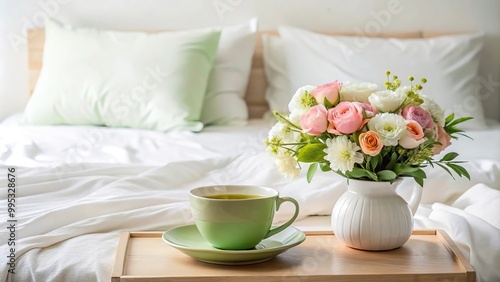 Cozy bedroom with green tea cup and flowers on white bed