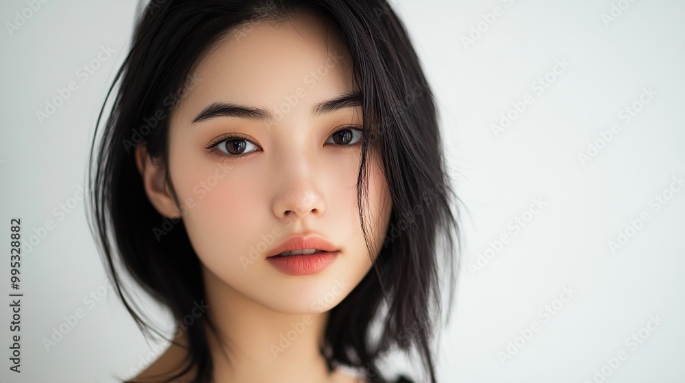 Beautiful young Asian woman with black hair looking gracefully into the camera on a white background Beautiful young Asian woman with black hair looking gracefully into the camera on a white background