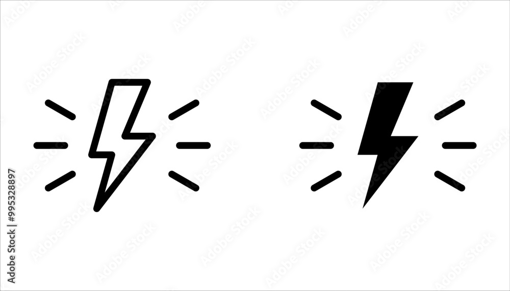Lightning icon set. Line and glyph flash sign. Outline thunderbolt symbol on white background Lightning icon set. Line and glyph flash sign. Outline thunderbolt symbol on white background