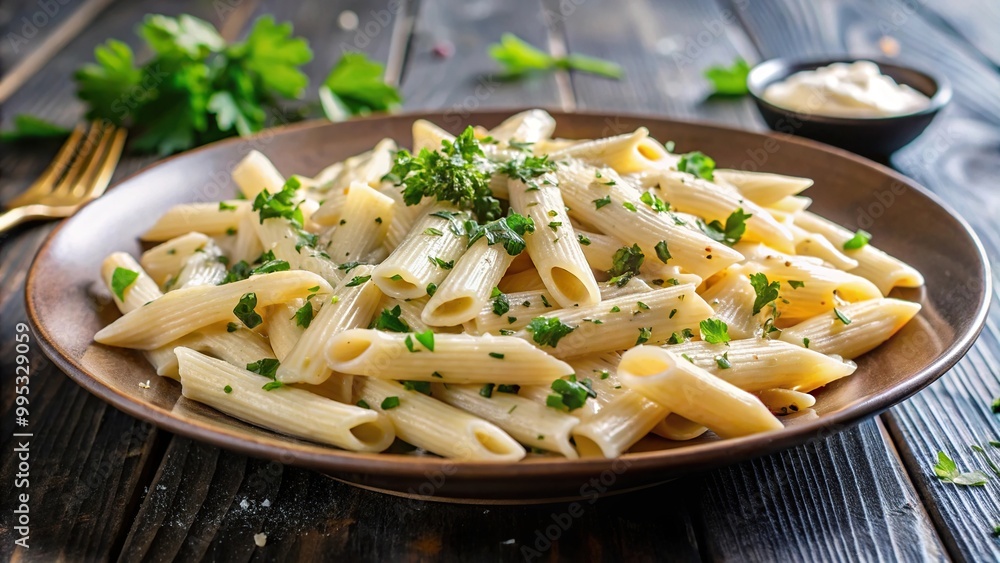 Creamy Alfredo penne pasta close-up Creamy Alfredo penne pasta close-up