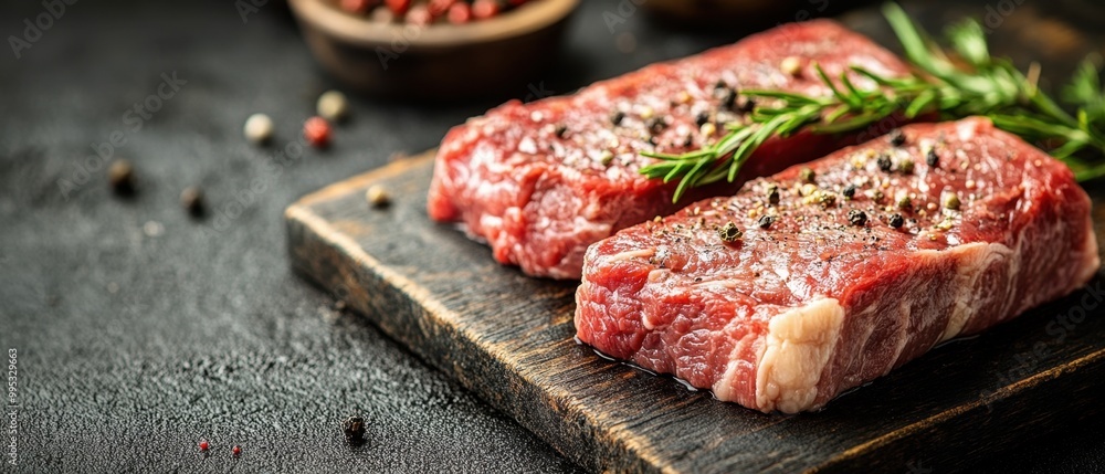 Fresh cuts of marbled beef steak with spices and herbs on a wooden cutting board ready for cooking Fresh cuts of marbled beef steak with spices and herbs on a wooden cutting board ready for cooking