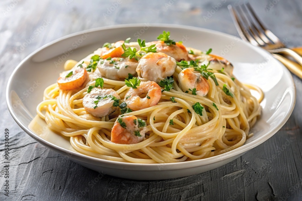Creamy spaghetti shrimp with truffle sauce in a long shot Creamy spaghetti shrimp with truffle sauce in a long shot
