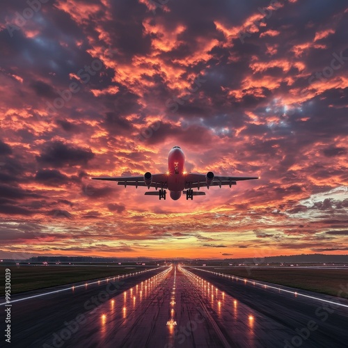 photo of a plane landing in the evening with a dark orange sky photo