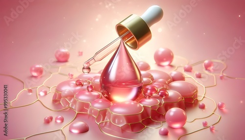 Pink Collagen Skin Serum Oil drop on skin cell, Skin Repair, moisturizer, collagen serum, advertising background ready to use, 3D rendering