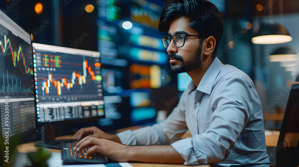 Portrait of a South Asian Financial Securities Trader Working on Desktop Computer in a Modern Office. Handsome Indian Accountant Bookkeeping Financial Affairs of a Business Ventur Portrait of a South Asian Financial Securities Trader Working on Desktop Computer in a Modern Office. Handsome Indian Accountant Bookkeeping Financial Affairs of a Business Ventur