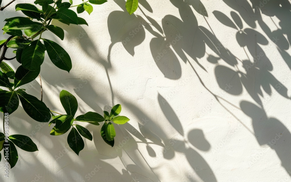Green leaves casting shadows on a white wall. Minimalist photography for design and print. Nature and shadow play concept. Green leaves casting shadows on a white wall. Minimalist photography for design and print. Nature and shadow play concept.