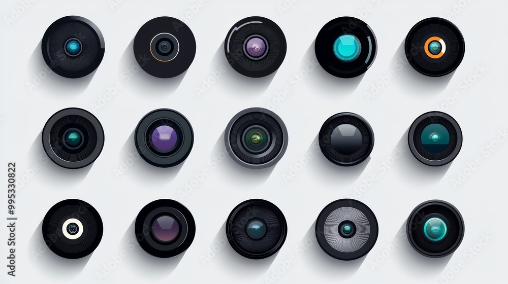Camera lens icon collection in flat design, black camera lens symbols. Camera lens icon collection in flat design, black camera lens symbols.