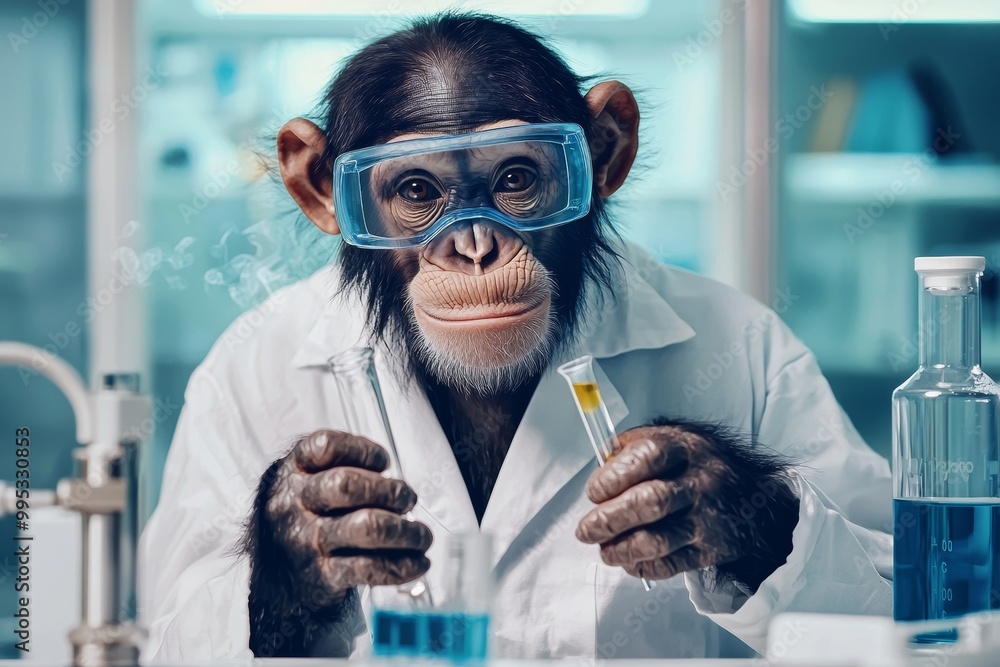 A chimpanzee dressed as a scientist holding test tubes in a laboratory setting. This humorous concept plays on the idea of experimentation and curiosity in a scientific environment. A chimpanzee dressed as a scientist holding test tubes in a laboratory setting. This humorous concept plays on the idea of experimentation and curiosity in a scientific environment.