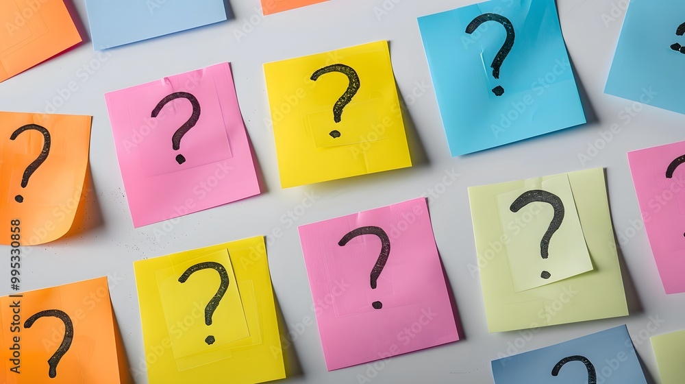 Colorful sticky notes arranged in a grid on a whiteboard, each with a different question mark drawn on them. Colorful sticky notes arranged in a grid on a whiteboard, each with a different question mark drawn on them.