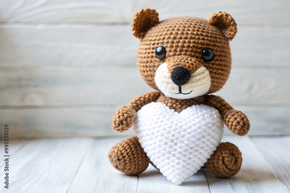 Fototapeta premium cuddly crochet beaver amigurumi holding white heart