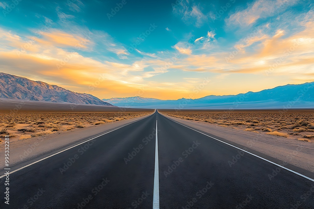 Fototapeta premium Long asphalt road passing through beautiful desert surrounded with mountains around and blue cloudy sky