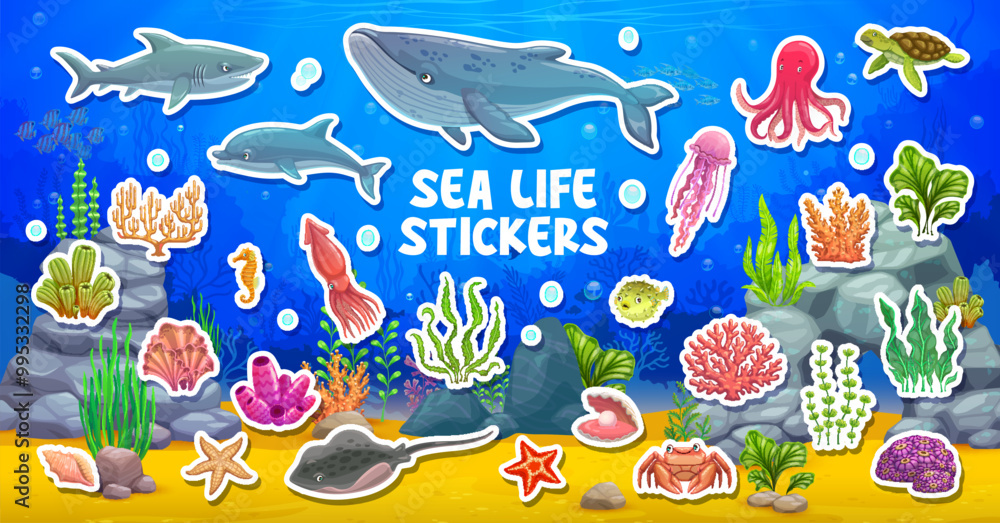 Cartoon underwater sea landscape, animals stickers with fishes, vector icons. Funny underwater and undersea cartoon characters stickers of dolphin and octopus with jellyfish and shark with whale Cartoon underwater sea landscape, animals stickers with fishes, vector icons. Funny underwater and undersea cartoon characters stickers of dolphin and octopus with jellyfish and shark with whale