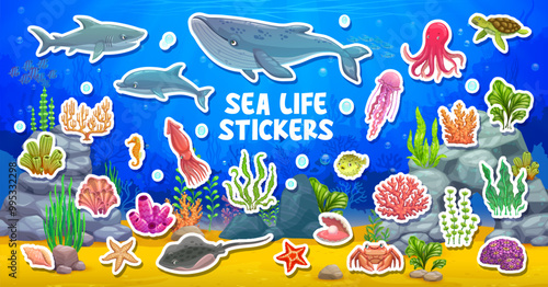 Cartoon underwater sea landscape, animals stickers with fishes, vector icons. Funny underwater and undersea cartoon characters stickers of dolphin and octopus with jellyfish and shark with whale