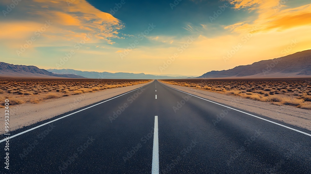 Naklejka premium Long asphalt road passing through beautiful desert surrounded with mountains around and blue cloudy sky
