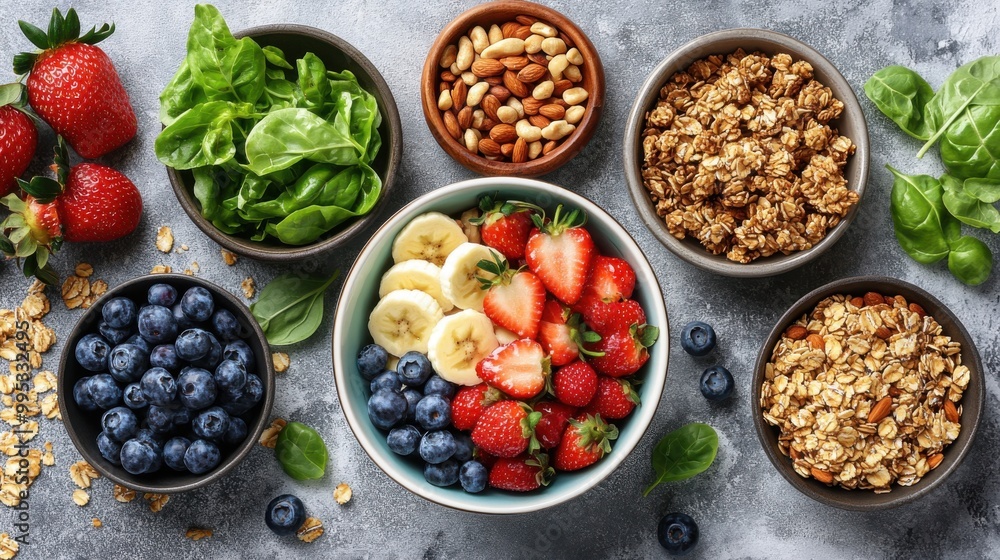 Healthy Breakfast Concept with Fresh Fruits, Granola, Spinach, and Nuts for Nutrition and Wellbeing Healthy Breakfast Concept with Fresh Fruits, Granola, Spinach, and Nuts for Nutrition and Wellbeing