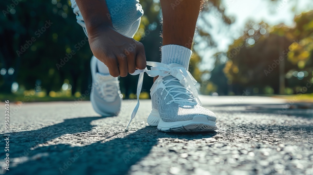 Person tying shoelaces on running shoes, preparing for outdoor workout on a concrete path in urban park. Person tying shoelaces on running shoes, preparing for outdoor workout on a concrete path in urban park.