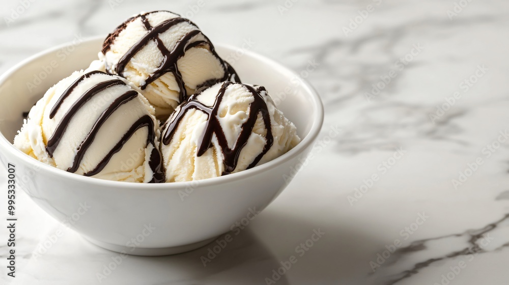 Three scoops of vanilla ice cream with chocolate sauce in a white bowl. Three scoops of vanilla ice cream with chocolate sauce in a white bowl.