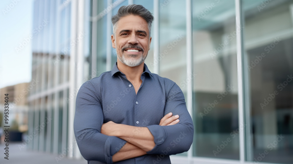 Portrait of a confident man standing with his arms crossed in front of a modern office building, smiling and looking at the camera. Portrait of a confident man standing with his arms crossed in front of a modern office building, smiling and looking at the camera.