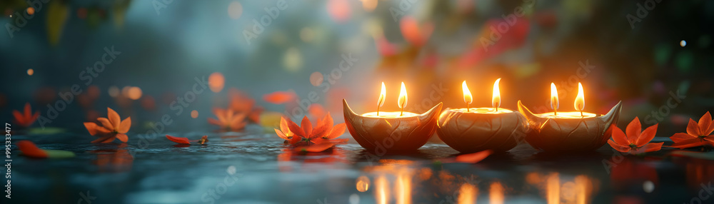 Holographic Loy Krathong Floating on Water with Glowing Candles - Mesmerizing Candlelit Scene, Zoom-In Focus on Flickering Lights and Ample Copy Space Holographic Loy Krathong Floating on Water with Glowing Candles - Mesmerizing Candlelit Scene, Zoom-In Focus on Flickering Lights and Ample Copy Space