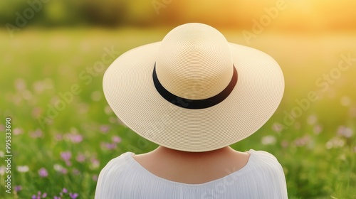 Person wearing a wide-brimmed hat in a sunlit field photo