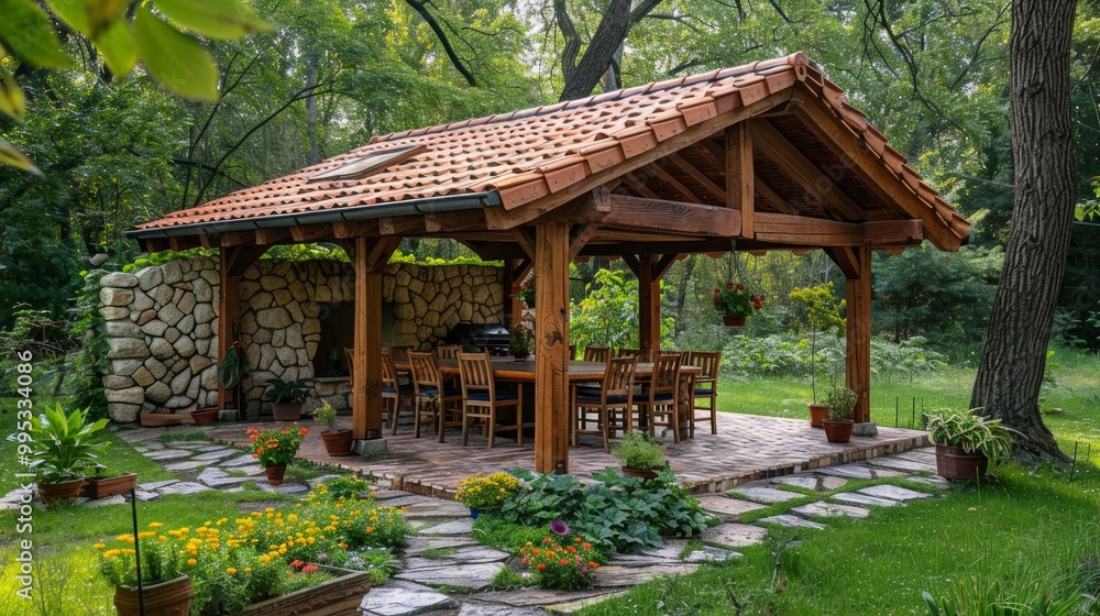 Wooden pergola with tile roof on it, duplex summer house in the green garden, summer season, stone building architecture and garden dining table Wooden pergola with tile roof on it, duplex summer house in the green garden, summer season, stone building architecture and garden dining table