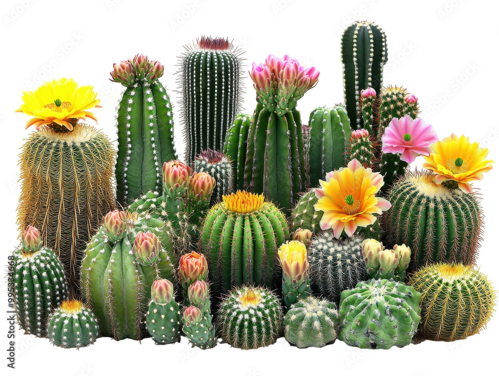 Colorful cactus arrangement with blooming flowers. Colorful cactus arrangement with blooming flowers.