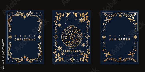 Luxury gold christmas invitation card folk design vector. Christmas bauble, holly, leaves, snowflake, frame on navy blue background. Design illustration for cover, print, poster, wallpaper.