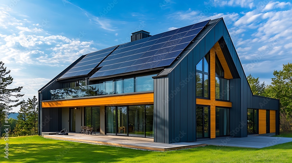 Obraz premium Modern exterior view of an environment friendly house with large solar panels on the roof to provide sustainable clean energy, ESG and architecture