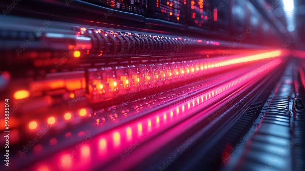 Close-up of a server rack with red lights illuminating the network connections. Close-up of a server rack with red lights illuminating the network connections.