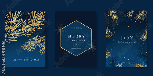 Luxury gold christmas invitation card design vector. Christmas pine leaves, snowflake with gold foil on navy blue background. Design illustration for cover, print, poster, ads.
