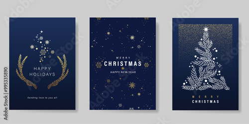 Luxury gold christmas invitation card design vector. Christmas pine leaves, snowflake with spot texture on navy blue background. Design illustration for cover, print, poster, ads.