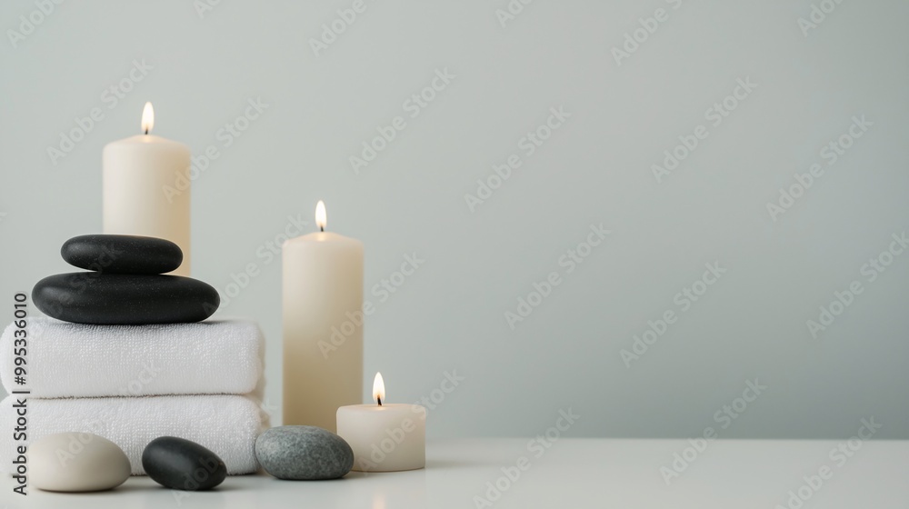 Relaxing Spa Setup with Candles and Stones Relaxing Spa Setup with Candles and Stones