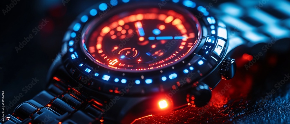 Close-up of a silver wristwatch with red and blue lights illuminating the face. Close-up of a silver wristwatch with red and blue lights illuminating the face.