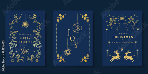 Luxury gold christmas invitation card folk design vector. Christmas bauble, holly, leaves, snowflake, frame, reindeer on navy blue background. Design illustration for cover, print, poster, wallpaper.