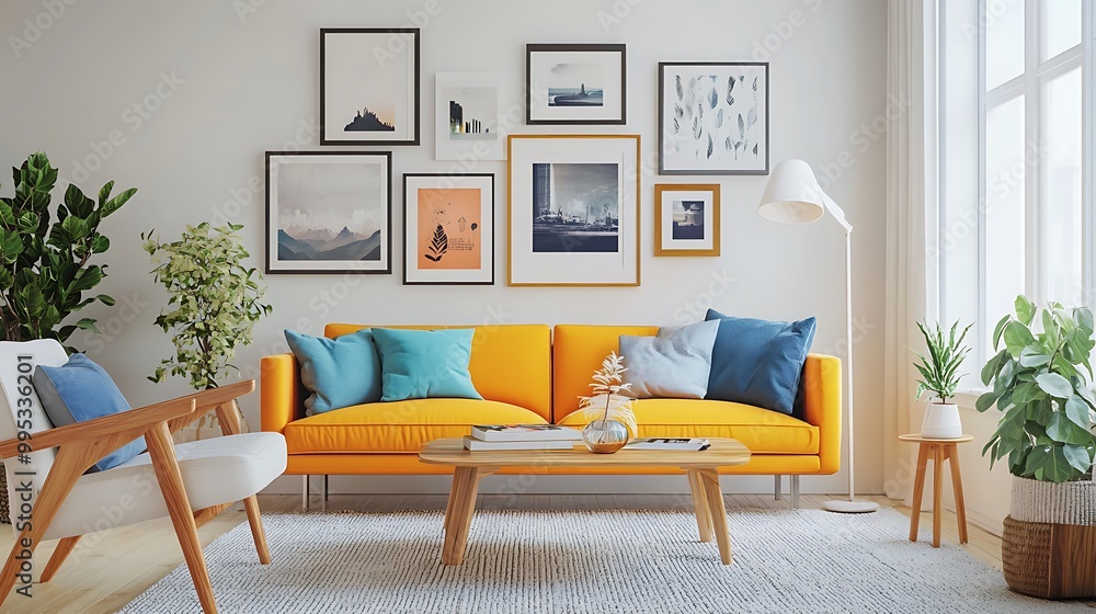 Cozy living room interior design view with paintings and photos hanging on the wall, colorful furniture combination