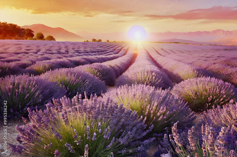 Obraz premium Lavender Field at Sunset. Capturing Nature’s Tranquil Beauty. Travel and Tourism, Environmental Appreciation.