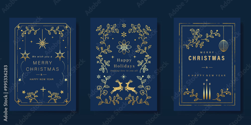 Fototapeta premium Luxury gold christmas invitation card folk design vector. Christmas bauble, holly, leaves, snowflake, frame, reindeer on navy blue background. Design illustration for cover, print, poster, wallpaper.