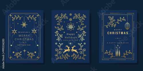 Luxury gold christmas invitation card folk design vector. Christmas bauble, holly, leaves, snowflake, frame, reindeer on navy blue background. Design illustration for cover, print, poster, wallpaper.