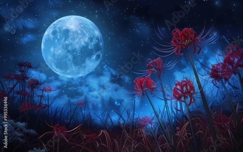 Full moon shining in the night sky over red spider lilies. Nature and fantasy concept. photo