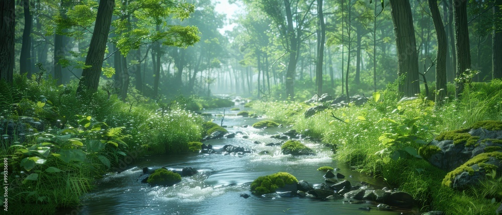 Serene Forest Stream with Lush Greenery and Sunlight Serene Forest Stream with Lush Greenery and Sunlight