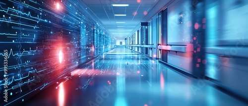 Abstract hospital environment with glowing lights and digital overlays, representing modern healthcare facilities