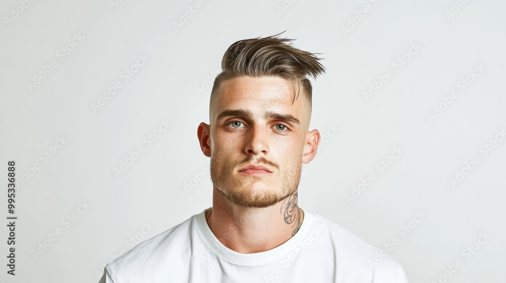 Fototapeta premium Young Man with Modern Haircut and Thoughtful Expression