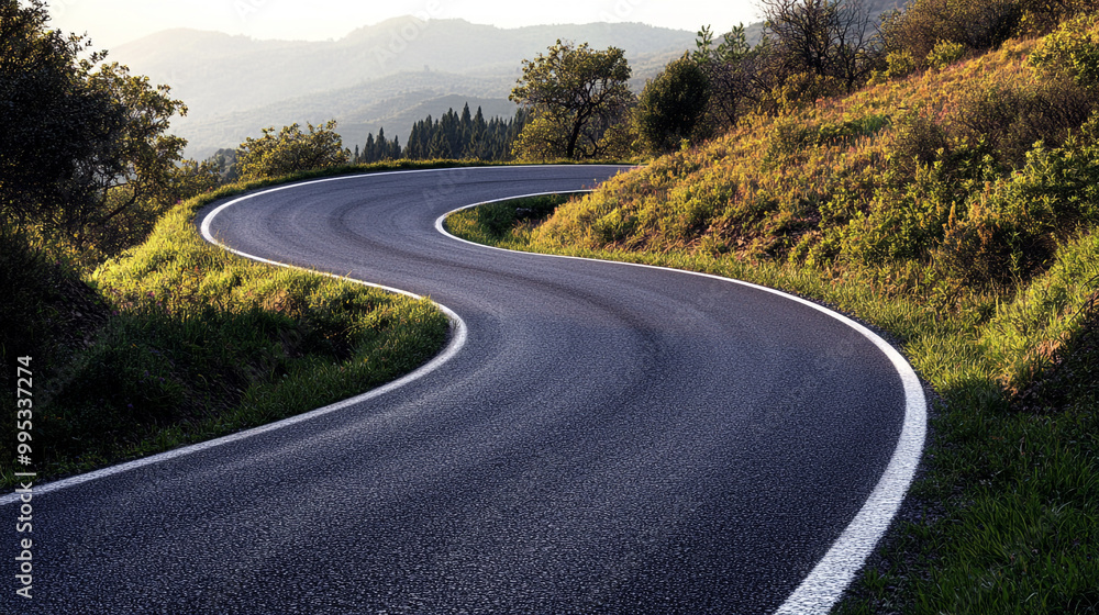 Fototapeta premium Winding road through lush hills in the early morning light near a mountain range