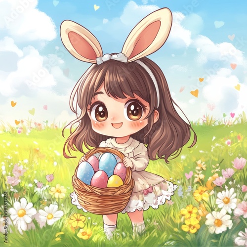 Chibi character dressed as a bunny collecting Easter eggs in a blooming garden photo