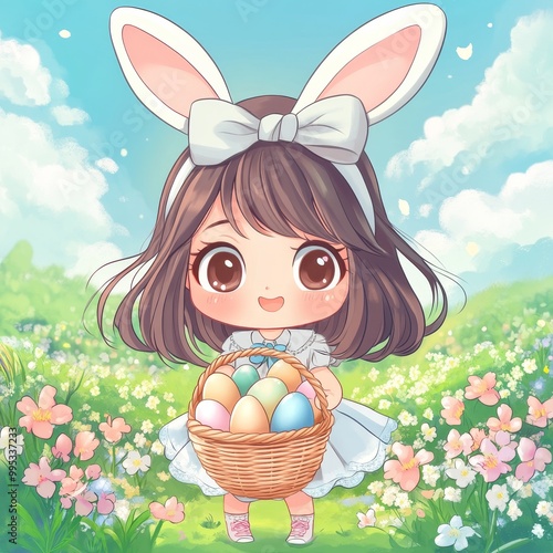 Adorable anime girl with bunny ears and colorful eggs in a spring meadow photo