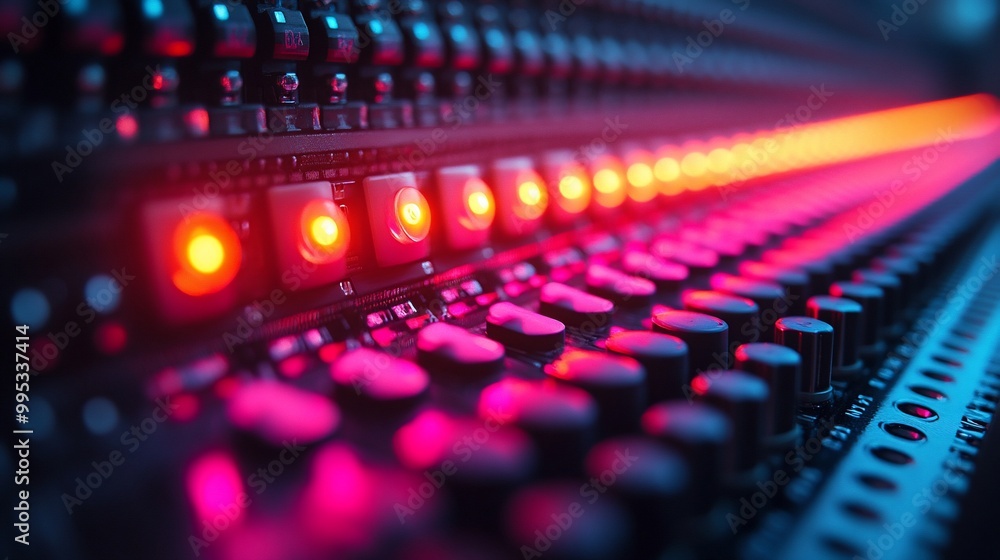 Close-up of a sound mixer with red and blue lights. Close-up of a sound mixer with red and blue lights.