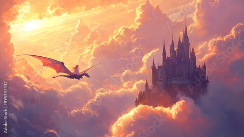 Dragon flying through a vibrant sky towards a mystical castle in the clouds photo