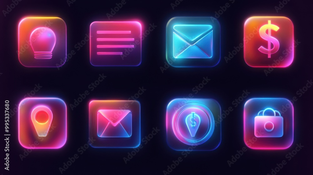 3d glassmorphism icons for website or mobile app. Transparent frosted glass morphism ui icon set with blur neon gradient of bank, notification, business strategy, calendar, location pin, dollar symbol
